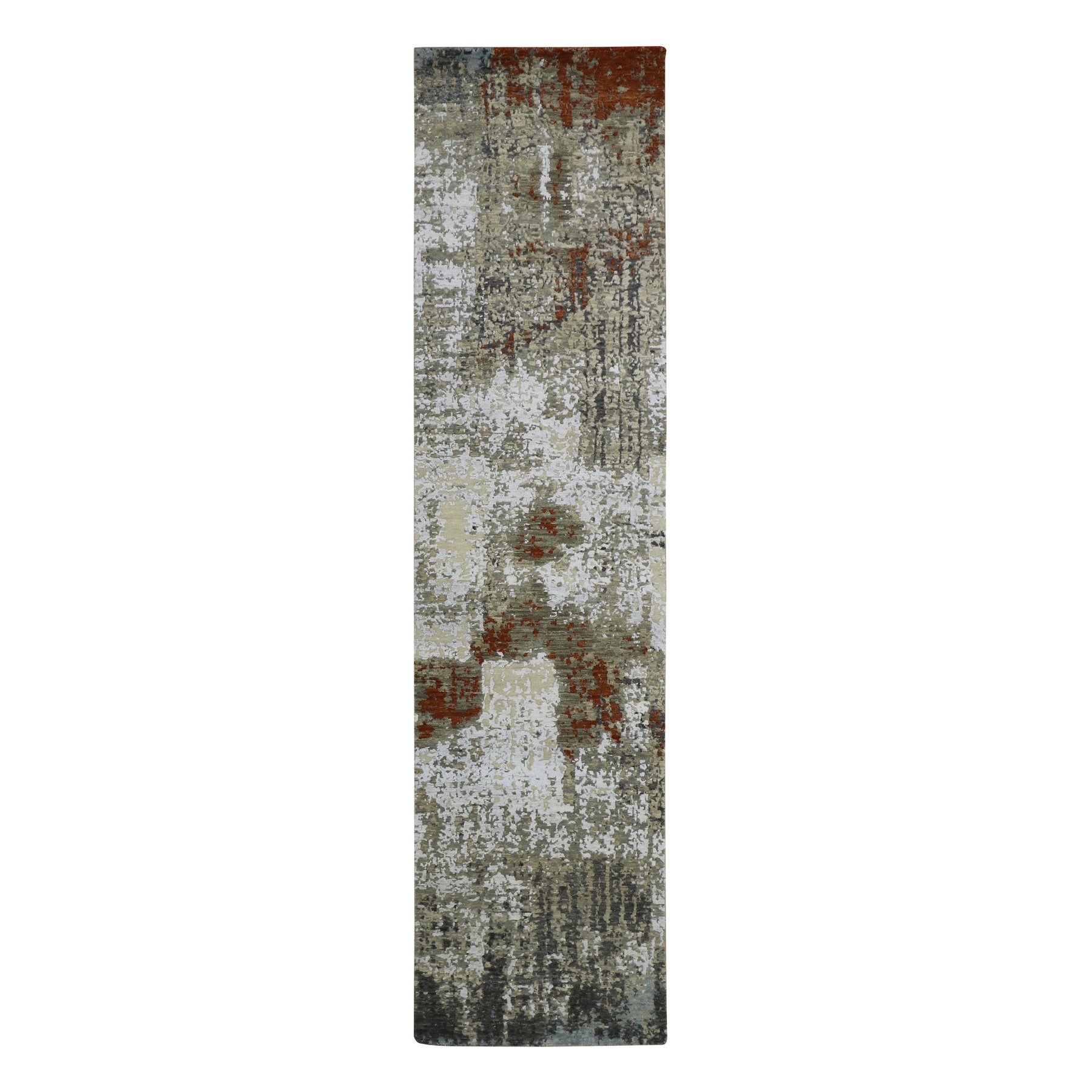 Asphalt Gray with Beige, Persian Knot, Abstract with Galaxy Design, Pure Wool, Hand Knotted, Densely Woven, Runner, Oriental Rug